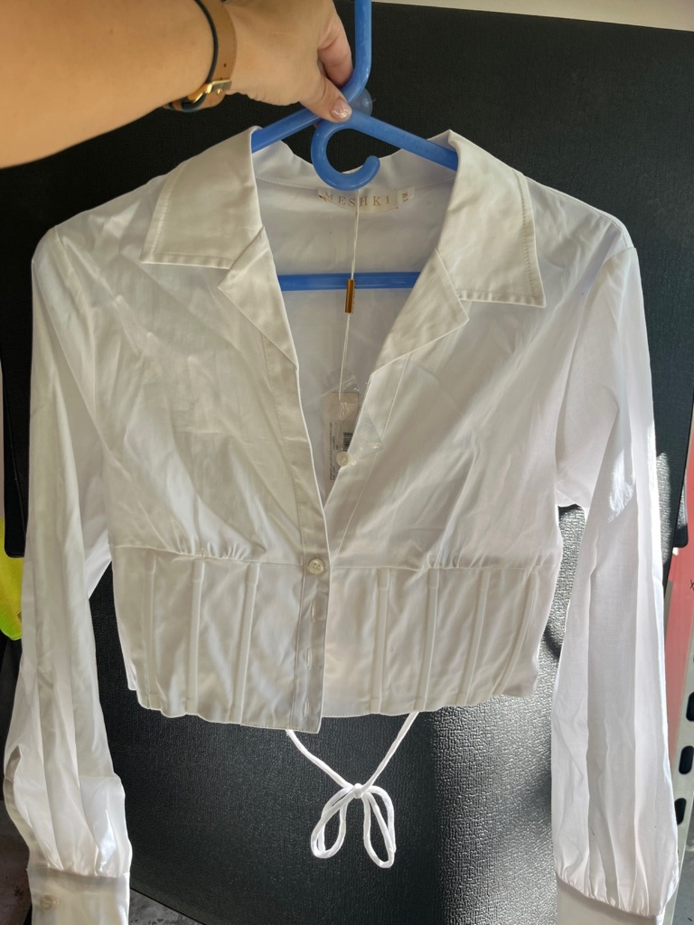 Meshki White Cropped Button-Down Shirt with Drawstring Waist